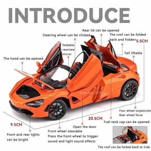 Image of 1:24 McLaren 720S Convertible Diecast Car | Alloy Metal Pull Back Toy Car with Openable Doors, Lights & Music | Model Car for Kids Boys Girls Gift & Collectors (Orange)