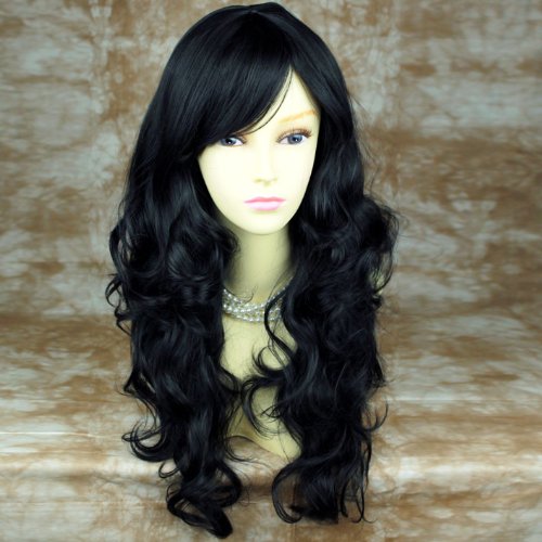 Preisvergleich Produktbild Atemberaubende Hitzefeste Lange Wellige Tiefschwarze Damenperücke Wiwigs