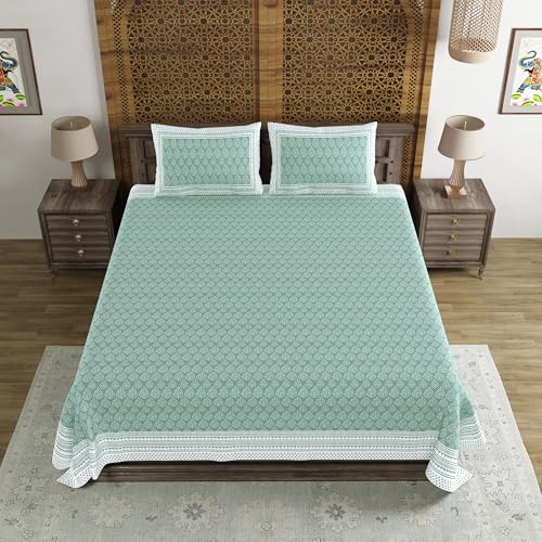 Image of BLOCKS OF INDIA Hand Block Printed 200 TC Cotton Super King Size Bedsheet (Green DOT)