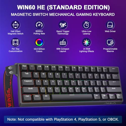Image of Aula WIN60 HE 60% Mechanical Keyboard Wired, Hall Effect Gaming Keyboard Magnetic Switch Hot Swappable, Adjustable Actuation Rapid Trigger Mode 8000Hz Polling Rate, RGB Keyboard 60 Percent Design