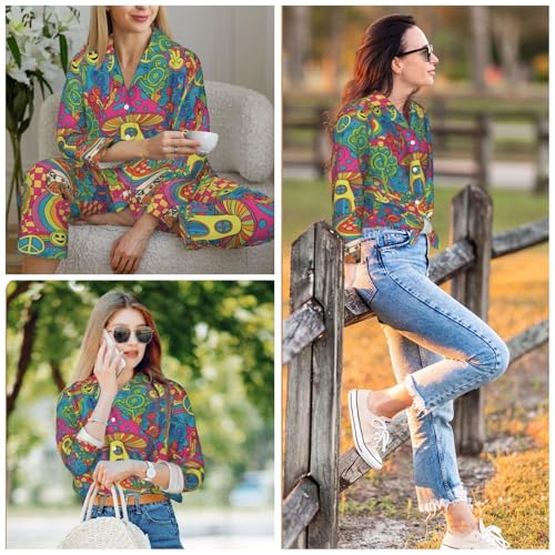 Image of Women'S Long Sleeve Pajama Set Soft Loungewear Button-Down Top & Elastic Waist Pants S- 2XL
