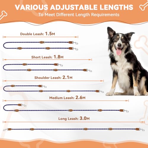 Hundeleine 3 M Verstellbare Schleppleine für Mittel- & Großhunde(20-60kg), Reflektierende Freihandleine mit 2 Karabiner, Doppelleine aus Robustem Nylon, 200 kg Extreme Kraft