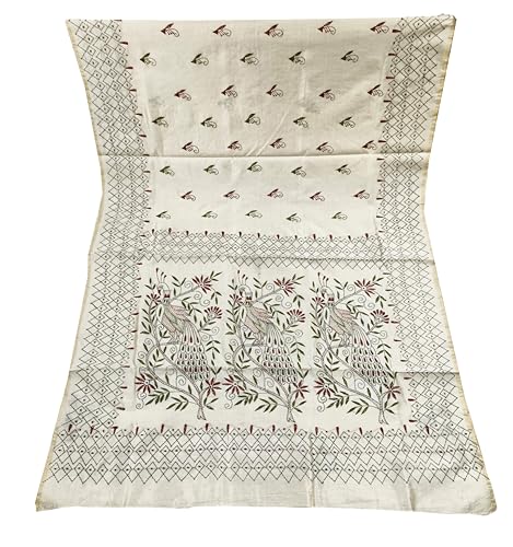 Image of SHRISTI CLOTHINGS Women's Hand Embroidered Cotton Silk Kantha Stitch Saree with Blouse Piece (SB420324 TWD80)