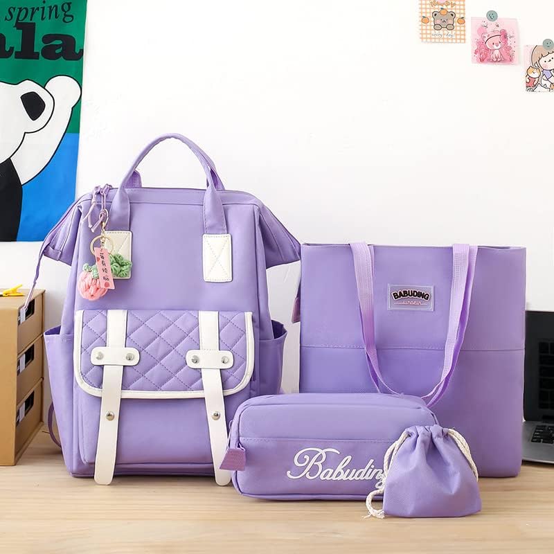 Vista 4 de CYee Juego de cuatro piezas de mochila estética con colgante Cutecore Kawaii mochila bandolera Fairycore suministros escolares, Púrpura