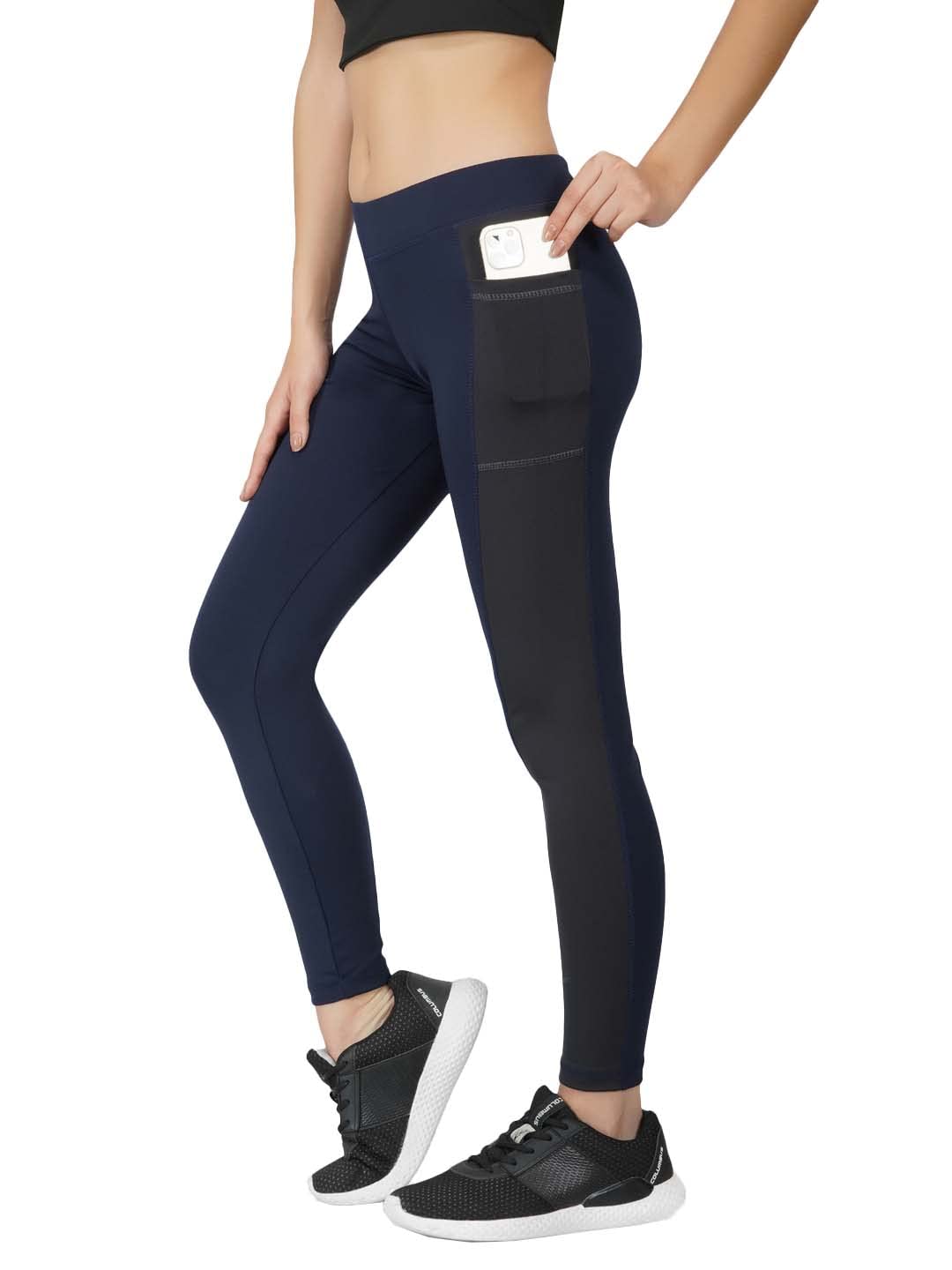 Neu Look Gym wear Leggings Ankle Length Workout Pants with Phone Pockets | Stretchable Tights | Mid Waist Sports Fitness Yoga Track Pants for Girls and Women (Navy Blue, Size - XXL)-image-16