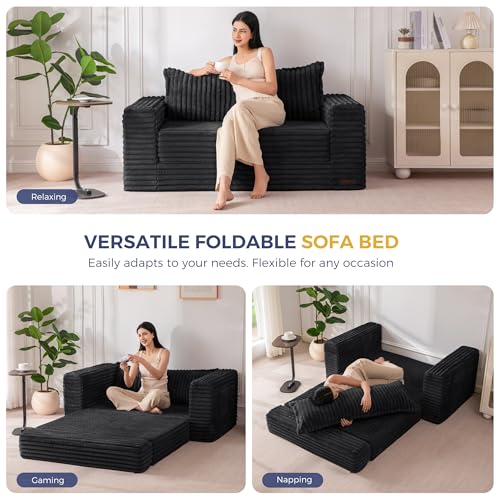 Image of MAXYOYO Convertible Sofa Bed, 2 in 1 Folding Couch Bed for Small Space, Pull Out Loveseat Sofa Couch with Large Back Pillow, Plush Faux Fabric Lounge Couch for Living Room, Apartment, Black