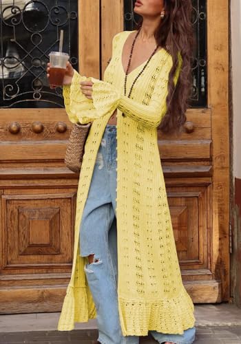 Image of Unybwonn Long Cardigans for Women Crochet Hollow Out Knit Sweater Cover up Maxi Dress Long Sleeve Button Down Cardigan
