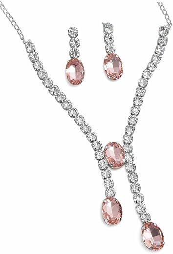 Crystal Rhinestone Y-Drop Necklace and Earring Set, Blush Pink Oval Gems, Silver-Tone Chain, Bridal Jewellery