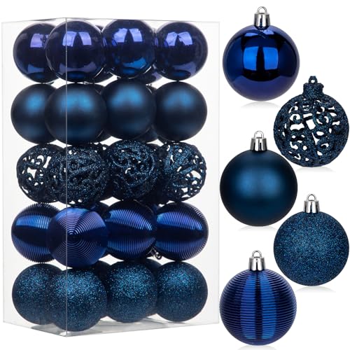 30 pcs Christmas Baubles Xmas Ball Ornaments with Strings, 60mm/2.4 Dark Blue Shatterproof Plastic Hanging Decorations, Christmas Tree Pendants for Home Party Wedding Holiday