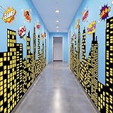 Breling Large Hero Theme City Skyline Wall Decals Art New York Skyline Skyscraper Hero Birthday Party Decorations for Backdrop Classroom Back to School Hallway Blackboard Photo (Yellow,7 Pcs)