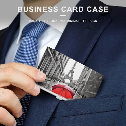 Slim Metal Business Card Holder - Eiffel Tower Paris Red Umbrella Aluminum Alloy Card Case with Buckle Closure, Holds 20 Cards & Cash, Professional Credit Card Size ID Holder for Men Women Gift3