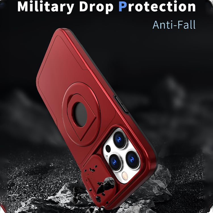 Image of LuxuryKase MagSafe Shockproof Rugged Back Case for iPhone 15 Pro Max | Finger Ring Kickstand & Sliding Camera Cover | Military Drop Protection | Wireless Charging Support - Red