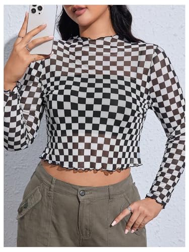 WDIRARA Women's Plus Size Checkered T Shirt Sheer Mesh Tee Long Sleeve Crop Tops3