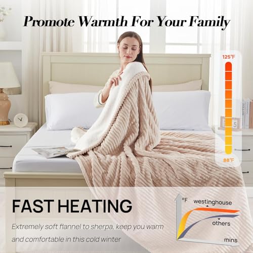 Westinghouse King Size Heated Blanket, Soft Flannel to Sherpa Reversible Electric Blanket King Size with 10 Heating Levels & 1-12 Hours Auto Shut Off, Machine Washable, (100" x 90", Beige)