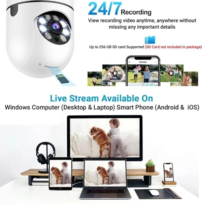 Image of Smart Wi-Fi CCTV Camera | 360 PTZ | 20M Color Night Vision | Human Motion Detection | Auto Tracking | Two-Way Audio | App Control | Supports 128GB SD Card | Bulb-Camera