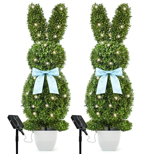 HOYECHI Solar Lighted Bunny Topiary Outdoor Set of 2-3FT Tall Artificial Boxwood Bunny with 40 LED Lights Each, Solar Powered Easter Porch & Garden Decor