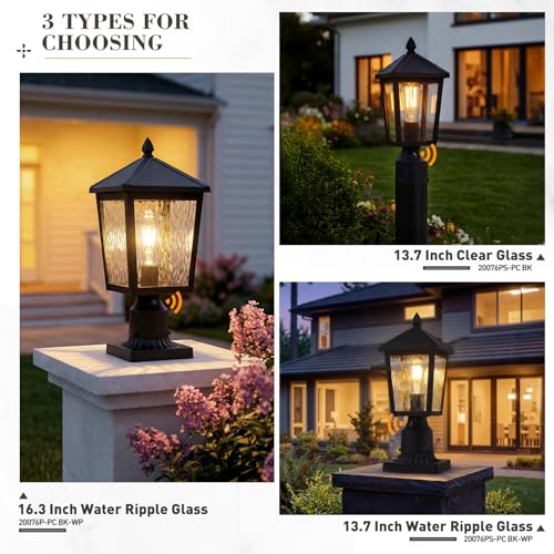 Image of zeyu Lantern Post Light Fixture with Photocell Sensor, 13.7 Inch Dusk to Dawn Outdoor Post Lighting, Exterior Pole Lighting Fixture with Water Ripple Glass, 20076PS-PC BK-WP