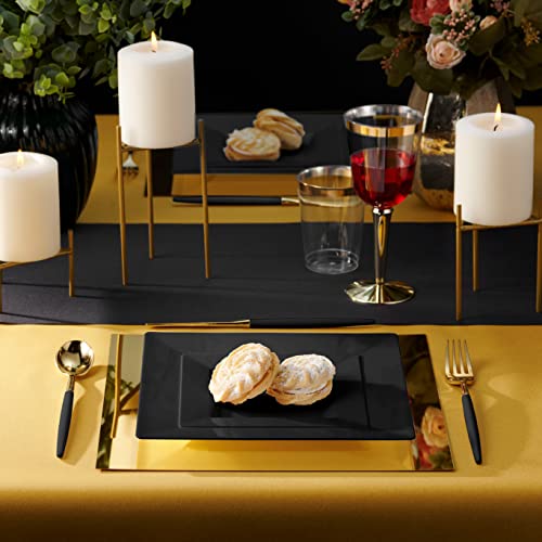Bloomingoods Plastic Disposable Square Dessert Plates | 50-Pack 6.5 Inches Black Appetizer/Salad Square Plates | Ideal For Weddings, Parties, Catering | Heavy Duty & Non Toxic #TOP1