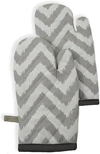 Pack de 2 mitones de algodón para horno (13 x 6), blanco y gris (impresión en zigzag)
