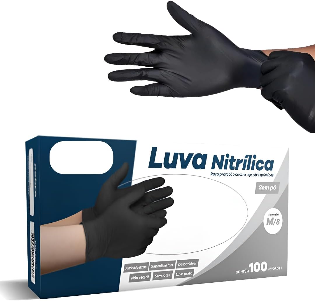 Luva Nitrilica Preta Premium | Sem Pó Antiderrapante | 100 Unidades Descartável | P, M e G Luva Nitrilica Preta Premium | Sem Pó Antiderrapante | 100 Unidades Descartável | P, M e G