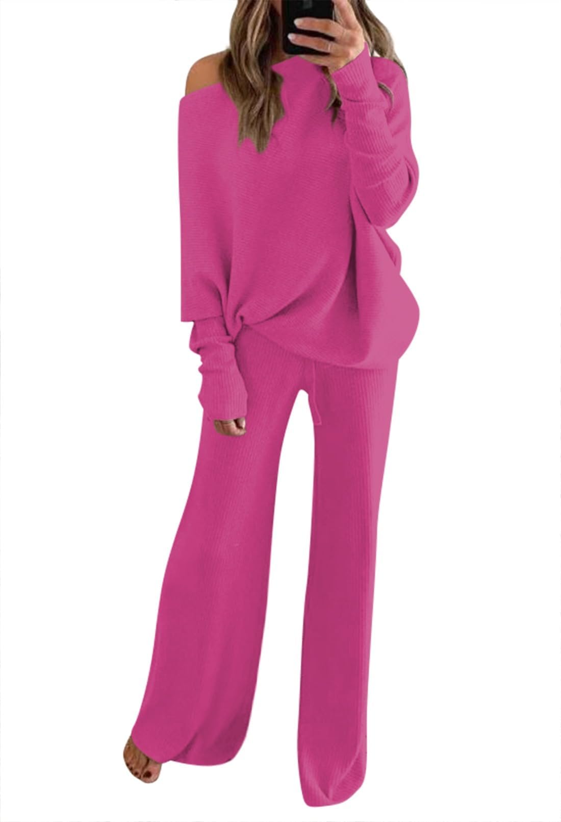 Fixmatti Womens Knitted Outfits 2 Pieces Sweatsuit Off the Shoulder Sweater Wide Leg Pant Set