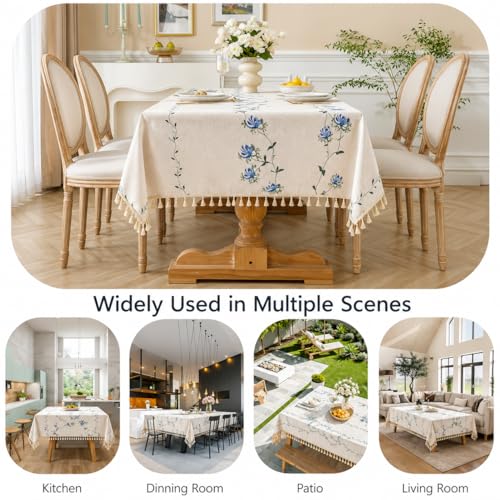 Image of Cortina Tablecloth for Dining Table Waterproof Table Cover, Cotton Linen Fabric Rectangle Tablecloth (White Floral, 6 Seater)