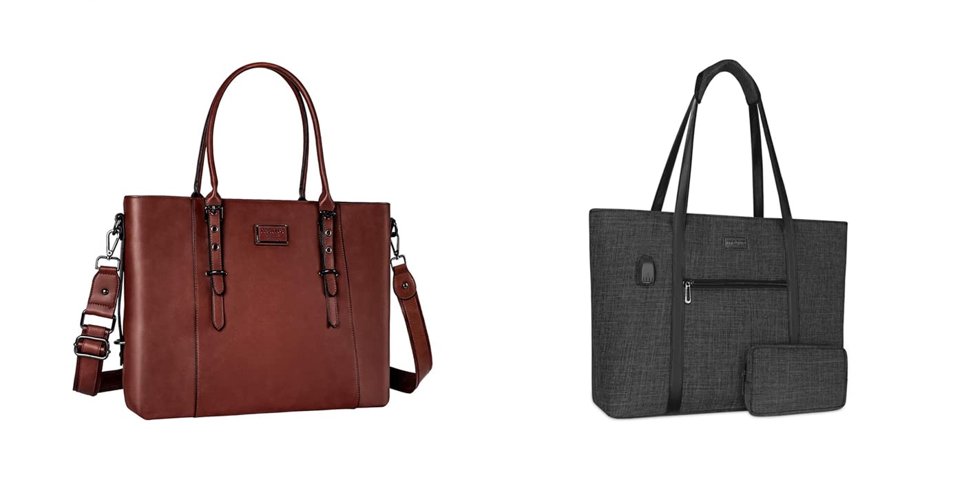 MOSISO inch PU Leather Laptop Tote Bag for Women USB Port Laptop  Tote Bag with Small Purse, Brown Black