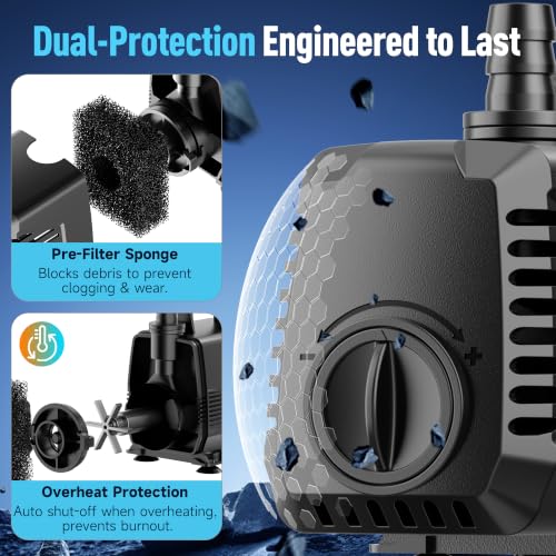 Image of POPOSOAP 880GPH Submersible Water Pump, Water Fountain (85W 3200L /H) with 10.5FT High Lift Adjustable & 3 Nozzles & 16.4FT Cord, Ultra Quiet Aquarium Pump for Pond Fountain Waterfall Hydroponics-Q105