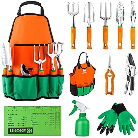 UKOKE Garden Tool Set, 12 Piece Aluminum Hand Tool Kit, Garden Canvas Apron with Storage Pocket, Outdoor Tool, Heavy Duty Gardening Work Set with Ergonomic Handle, Gardening Tools for women men Cover