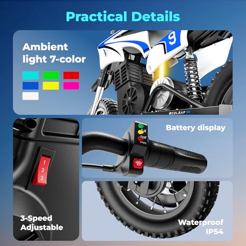 Image of K1 Kids Electric Dirt Bike, 36V, 700W, 16 MPH, 14-Mile, Ages 3-10 (Sky Blue)
