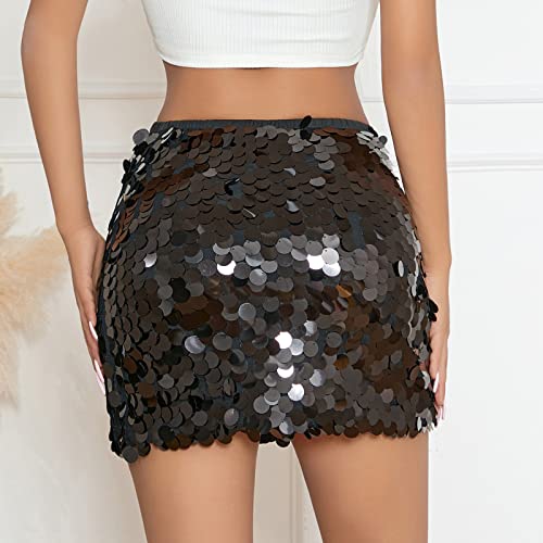 Women's Shiny Sequin Mini A-line Skirt, Black, M - Image 5