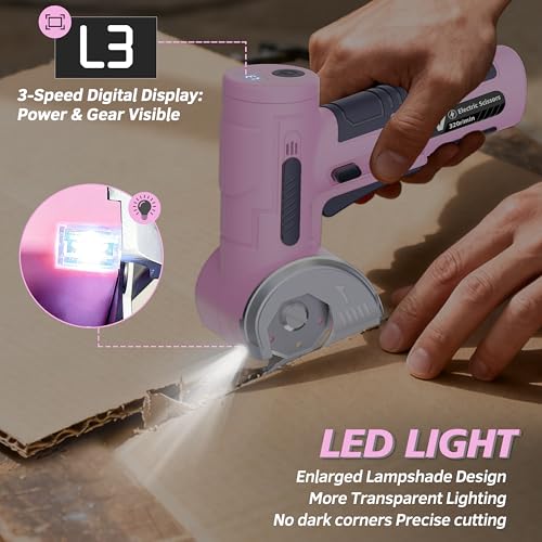 Image of Upgraded Cordless Electric Scissors, Wider Opening with Large 1.84 inchTungsten Blade, 1 /3 inch Max Cutting & LED Display, 320RPM, Heavy-Duty Rotary Cutter for Cardboard, Fabric, Leather & DIY - Pink