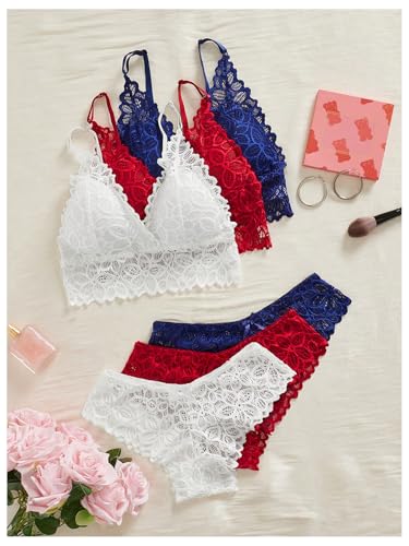 Image of Verdusa Women's Lingerie Sets 6 Piece Lace Bow Floral Underwear Bras Wireless Padded Bra and Panty Set