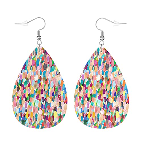 Zokola Colored Spots Cute Dangle Earrings, Watercolor Confetti Dots Paint Lightweight Leather Earrings Teardrop Leaf Earrings Jewelry Women Teen Friends