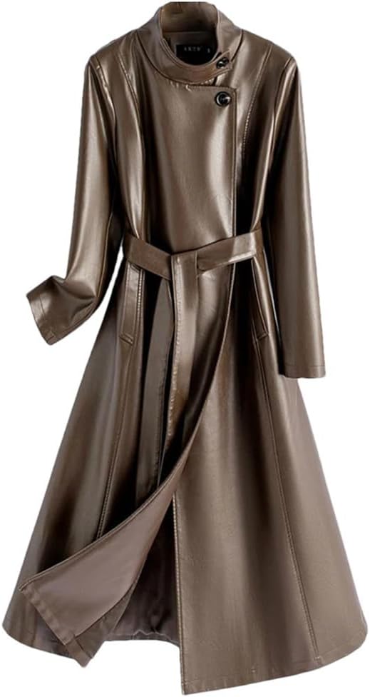 Haitpant Women's Spring Autumn Leather Coat Fashion Stand Collar Long Sleeve Trench Coat Split Casual Overcoat