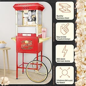 Princeton popcorn machine with cart 8oz popper with stainless steel kettle warming light and accessories by great northern popcorn red  urban country home decor