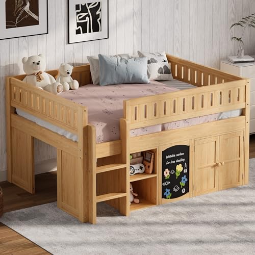 Image of Full Size Loft Bed with Storage Cabinet and Chalkboard Panel, Solid Wood Frame - Space-Saving Design for Kids /Teens Bedroom (Natural-A1)