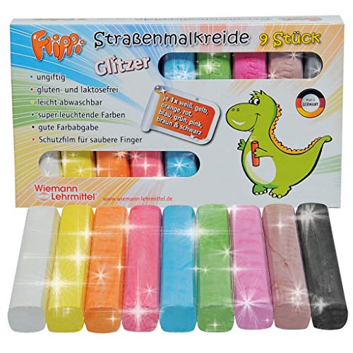 Wiemann Lehrmittel &bdquo;Flippi&ldquo; Stra&szlig;enmalkreide f&uuml;r Kinder, 9 Farben, 9 St&uuml;ck (Glitzer)