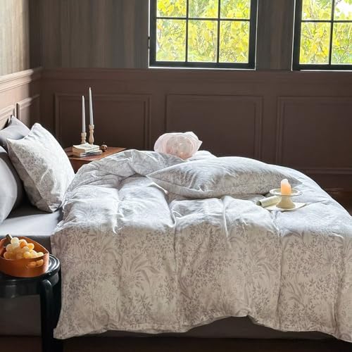 Vclife Luxury Grey White Flower Printed Duvet Cover Queen Size Comfortable Breathable Cotton Comforter Cover For Adults 3 Pcs Garden Vintage Style Bedding Sets With Zipper Closure 90 Inchx90 Inch thumb #4