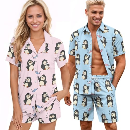 Short Sleeves Couples Matching Pajamas Mens Button Down Sleepwear Pajama Sets for Women 2 Piece