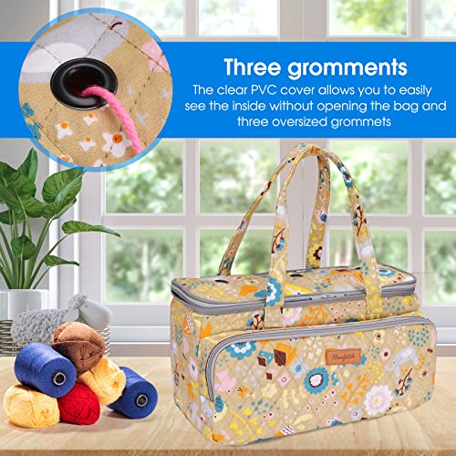 Image of Yarn Storage Organizer with Grommets - Portable Crochet & Knitting Bag for Skeins, Hooks, Needles & Accessories (Flower-Yellow)