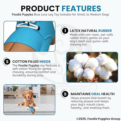 Image of Foodie Puppies Dog Squeaky Chew Latex Rubber Toy - (Blue Lace Leg) for Small to Medium Dogs & Puppies | Durable, Soft, Lace Design, Fetch & Chew Safe Play Toy | Reduce Separation Anxiety
