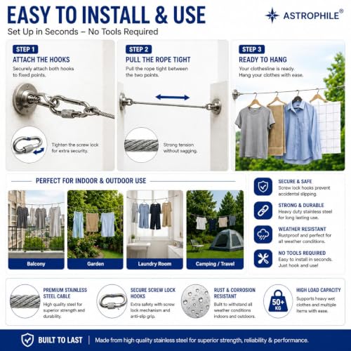 Image of Heavy Duty Clothes Drying Rope 5 Meter with Hooks | Strong Steel Clothesline for Balcony, Bathroom, Travel & Camping | Rust-Resistant Durable Cloth Line for Indoor & Outdoor Use (Silver), free