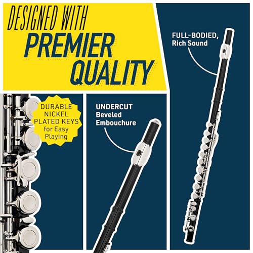 Image of Mendini By Cecilio Flute, 16 Keys C Flute Instrument Closed Hole For Beginners with Carrying Case, Cork Grease, Stand, Lesson Book, Cleaning Kit, Gloves (Black)