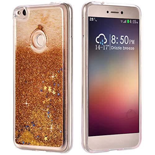 Compatible with Huawei P8 Lite 2017 Case Liquid Glitter Back Cover, Girls Bling Glitter Sparkly Floating Waterfall Liquid Soft Rubber TPU Protective Shell Compatible with Huawei P9 Lite 2017, Gold