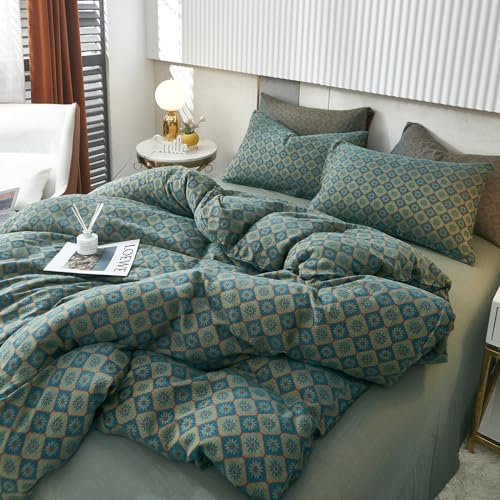 Image of VM VOUGEMARKET Boho Duvet Cover King Geometric Pattern,3Pcs Yarn-Dyed Muslin Cotton Duvet Cover Set Blue Green Flower Bedding Set for Girls Women Without Comforter