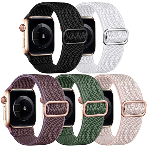 Image of Easuny 5 Pack Stretchy Bands Compatible with Apple Watch 40mm 41mm 42mm 38mm 44mm 45mm 46mm Women, Elastic Fabric Nylon Strap Wristband for iWatch SE 3 2 1 Series 11 10 9 8 7 6 5 4 3 Boho Solo Loop