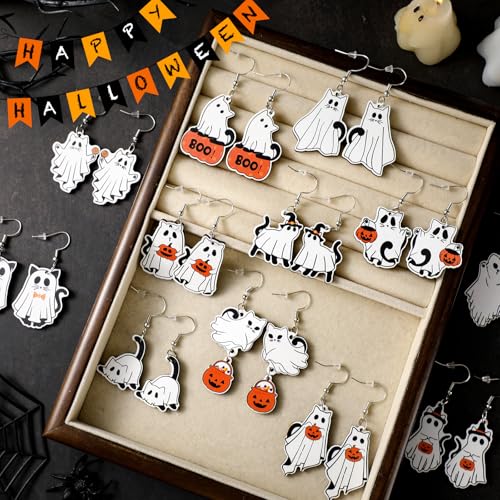 Misdary 12 Pairs Halloween Earrings for Women Ghost Cat Wooden Earrings Dangle Pendants Cute Halloween Wood Jewelry Gifts3