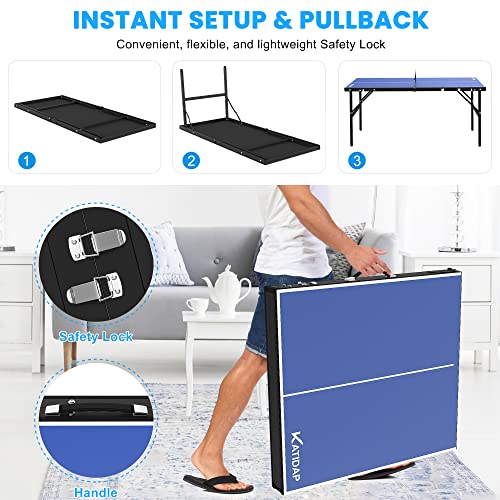 Katidap Portable Ping Pong Table,Mid-Size Foldable Tennis Table With Net For Indoor Outdoor,Blue,60X26X27.5 Inch #TOP3