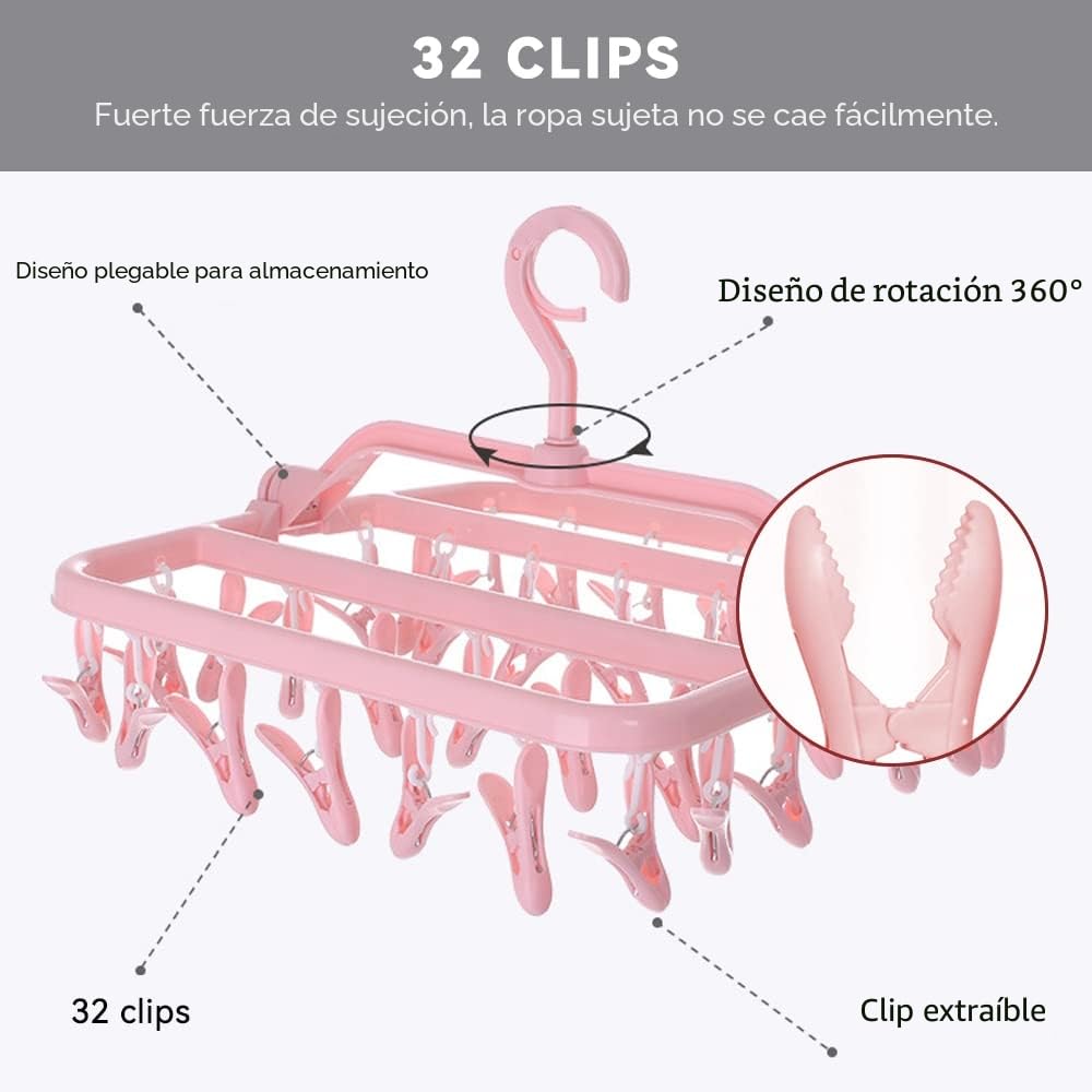 Tendederos Plegables, Colgante con 32 Pinzas, Tenderetes Interior Exterior, Colgador de Plastico, para Calcetines, Ropa Interior, Ropa de Bebé